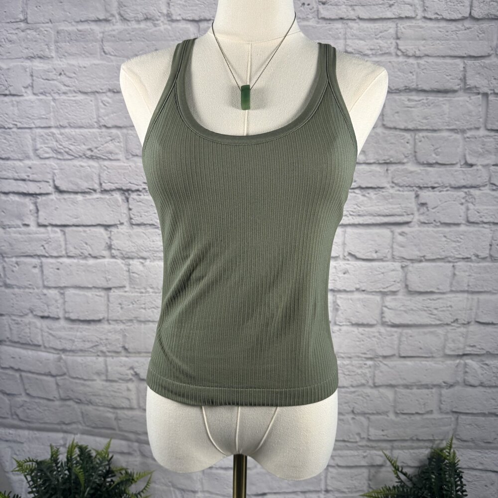 Olive Green Ribbed Racerback Tank Top M Fitted Basic - Picture 2 of 6